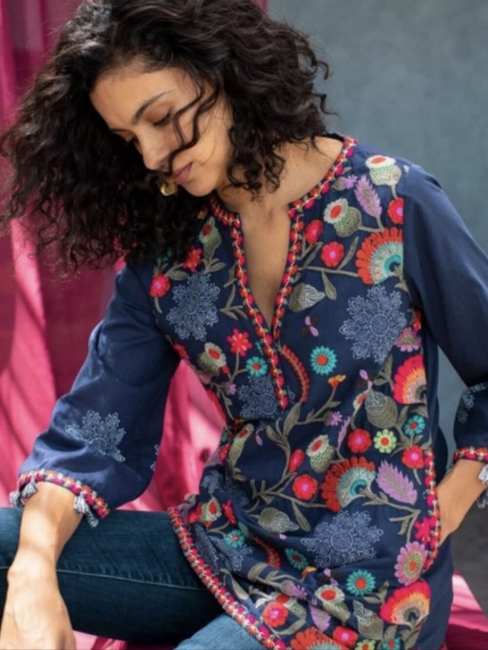 Floral Embroidered Paraiso Tunic - Soft Surroundings Boho Navy Tassel Fringe